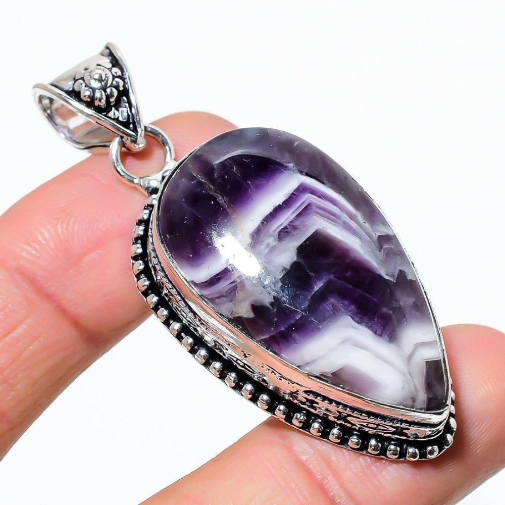 Natürlicher Chevron-Amethyst Edelstein 925 Sterlingsilber Geschenk Anhänger 2,25" G2s33