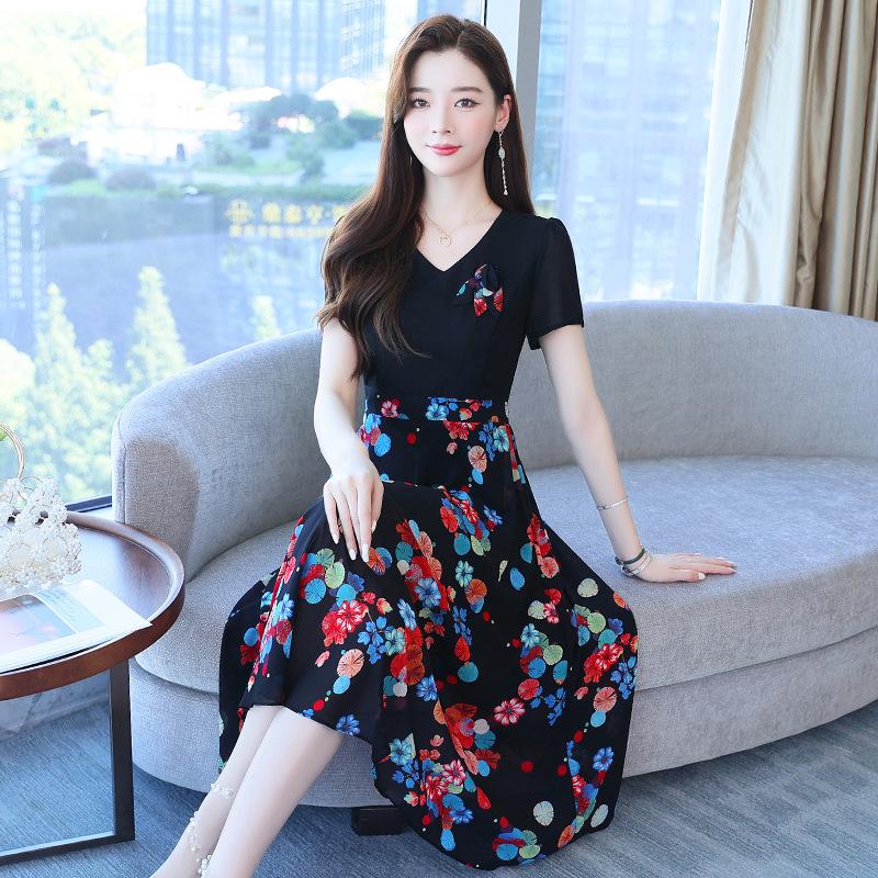 Women's Elegant Waist-Cinching Summer Chiffon Dress - Short-Sleeve, Two-Piece Look with Printed Design