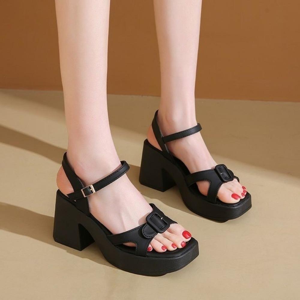 Fashion Women's Thick Sole Sandals Solid Color Casual Shoes One Line Buckle High Heel Sandals Women's Wedge Shaped Fish Mouth Shoes