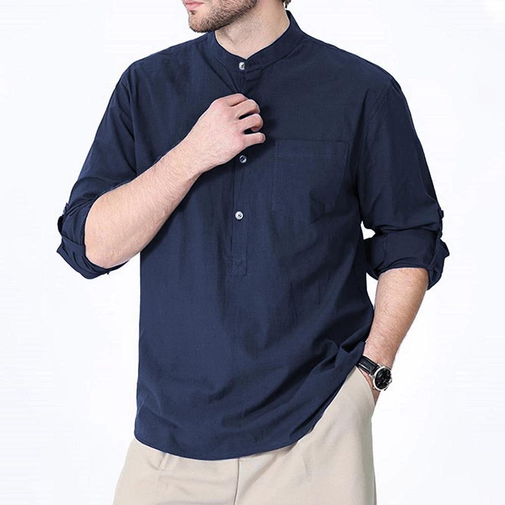 

Men s Long-sleeved Vacation Shirt, Casual Life with Pocket Solid Color Cotton Long-sleeved Button Henry Shirt 3XL