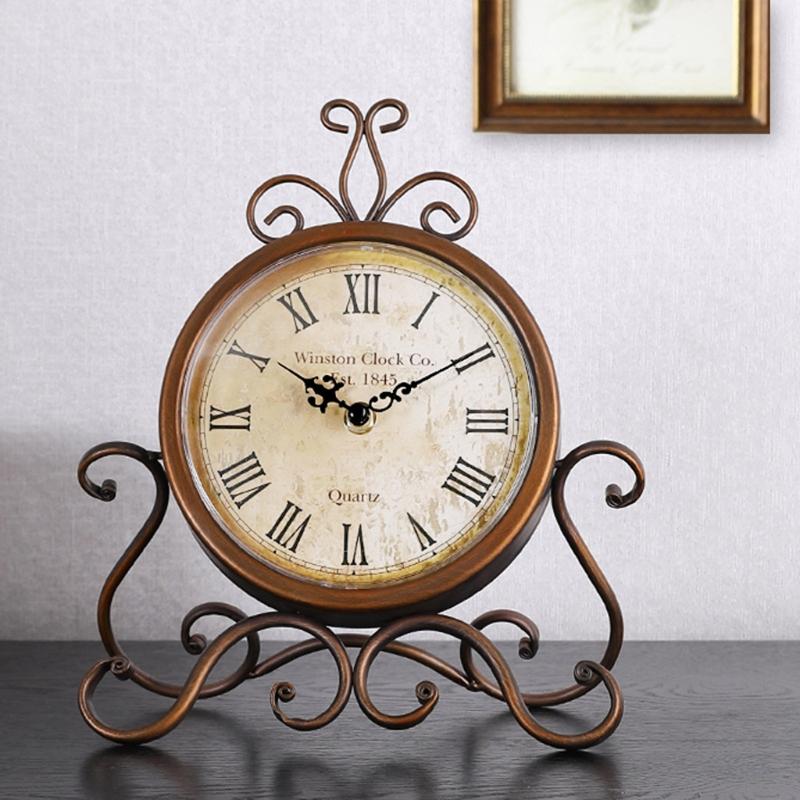 1PC Vintage Retro Iron Ornament Battery Operated Silent Table Clock Home Bedroom Living Room Office Decor