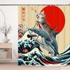 Japanese Cat Shower Curtain, Vintage Anime Sunset Wave Art, Waterproof Fabric With Hooks