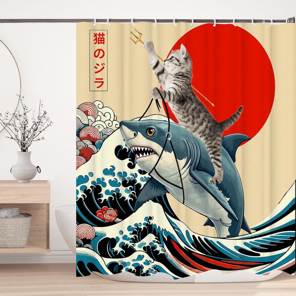 Japanese Cat Shower Curtain, Vintage Anime Sunset Wave Art, Waterproof Fabric With Hooks