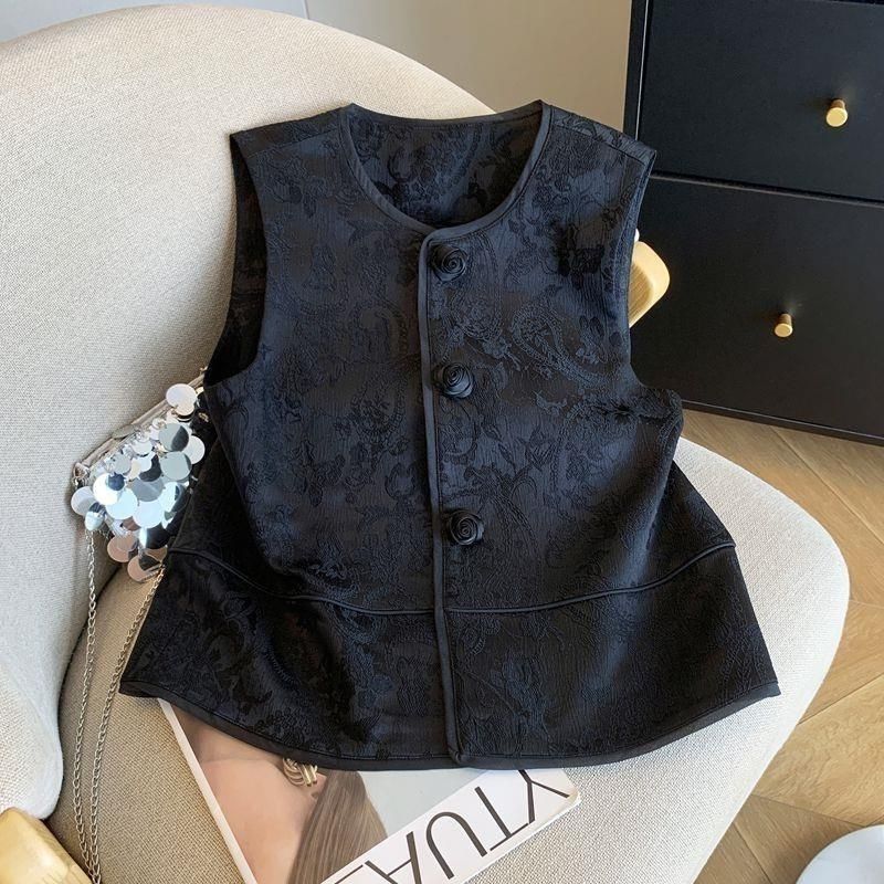 Винтажный китайский жаккардовый жилет-куртка женский весна-лето пуговица-роза без рукавов жилет шикарный женский топ XS чёрный
