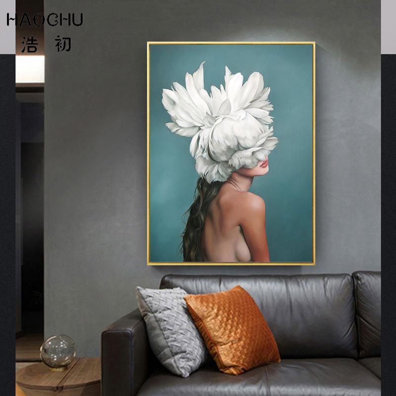 HAOCHU Posters and Prints Flowers Feather Sexy Women Character Canvas Painting Wall Pictures For Living Room Home Decoration