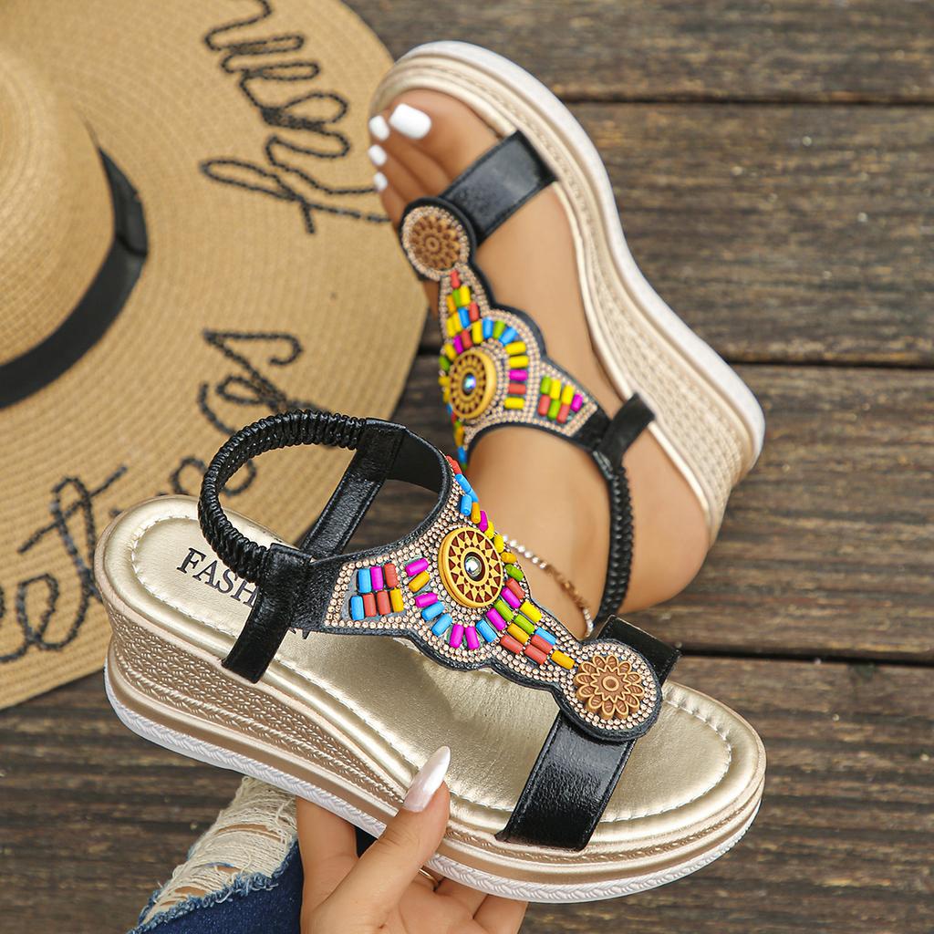 Fashion Women Sandals Bohemian Style Wedge Sandals Summer Thick Sole Non Slip Beach Shoes Woman Colorful Bead Chunky Platform Sandals