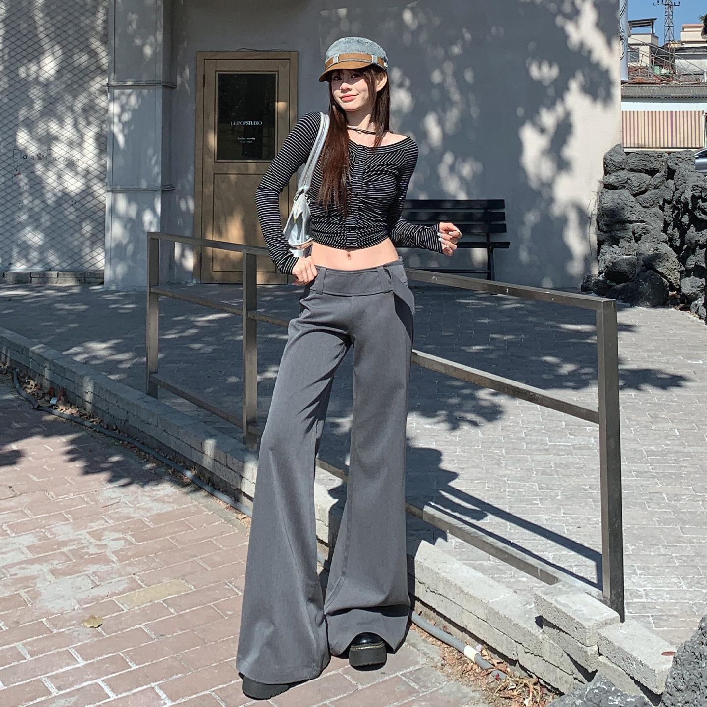 2026 French Low-Waist Wide-Leg Belted Slim Casual Flare Suit Pants for Women Medium