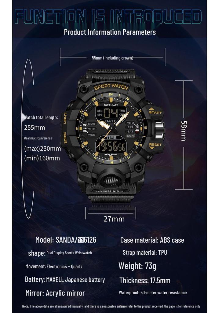 Sanda Multifunctional Waterproof Sports Watch for Outdoor and Student Use with Dual Display and Alarm Clock.