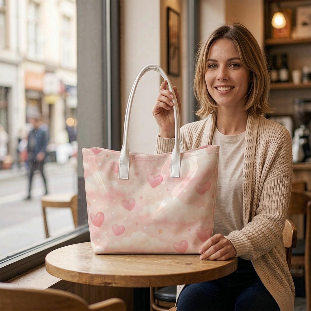 Sweet Pink Heart Pattern Tote Bag Stylish Casual Large Capacity Shoulder Bag for Daily Use