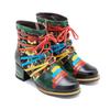 Johnature Genuine Leather Printed Patchwork Color Strapping Thick Heeled Women's Short Boots Mixed Colors Shoes