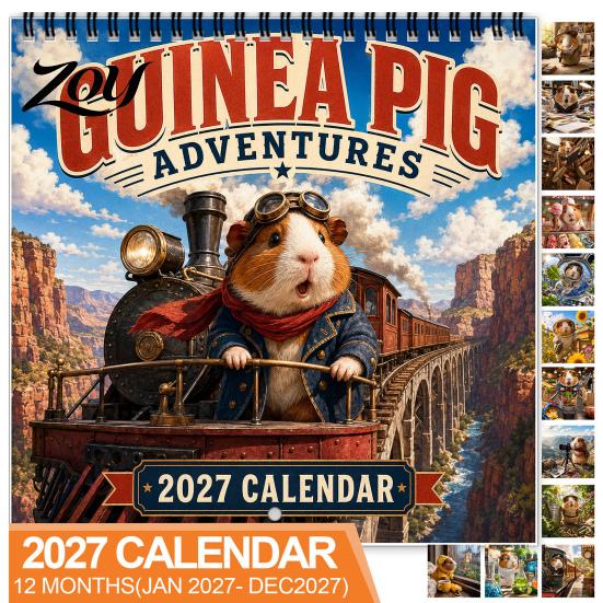 Guinea Pig Wall Calendar 2025 2027 Adventures Calendar, Cute 12 Monthly Planner with Creative Adventure Theme Imaginative Scenes, Spiral Bound Hanging