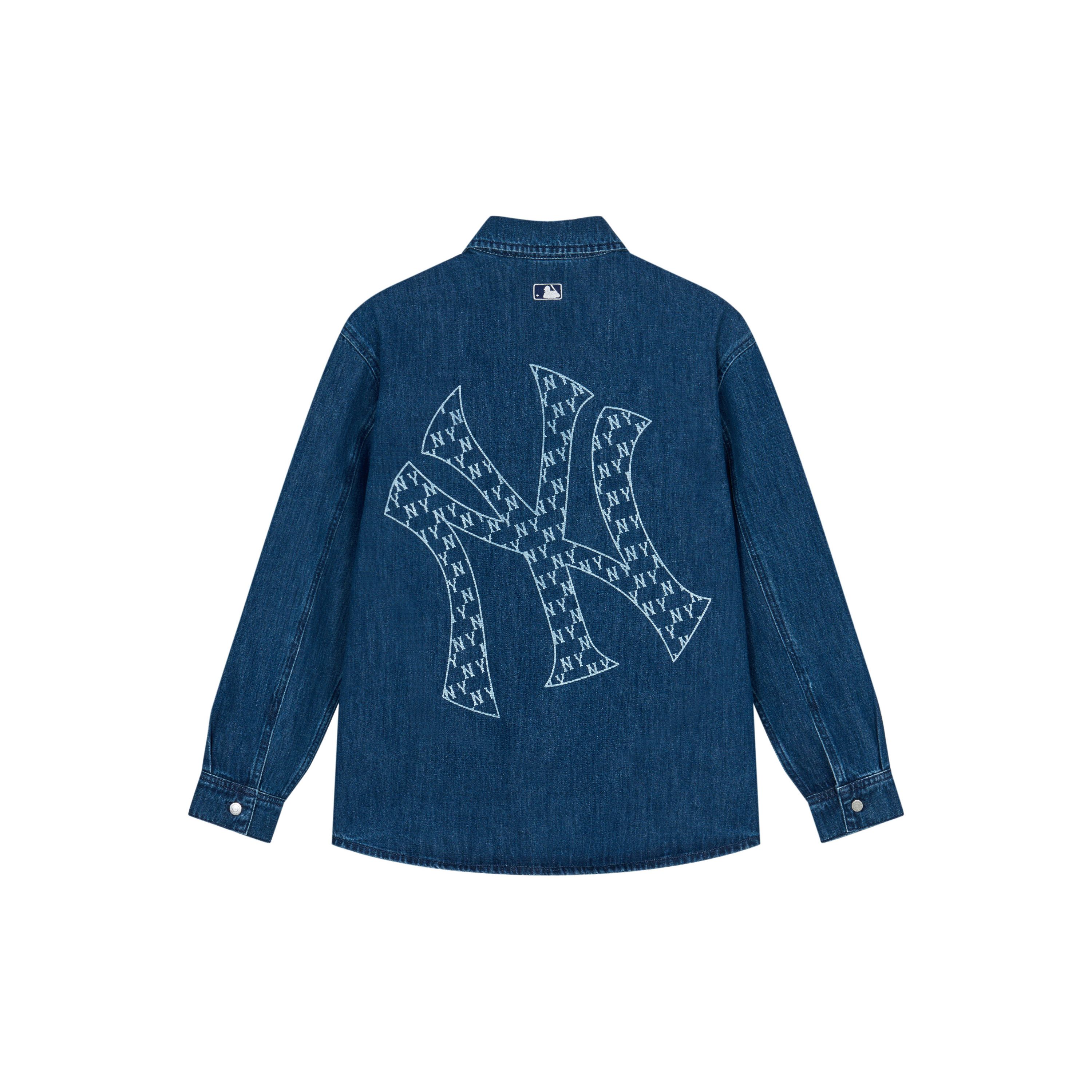 MLB New York Yankees SS24 Klassisches 3D-Besticktes Lockeres Geometrisches Denim-Langarmhemd Unisex-Hemden Indigo 3ADRM0241-50INS L blue