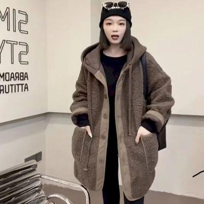 Abrigo de Cachemira de Cordero para Mujer Otoño Invierno Moda Patchwork Falso Dos Sudadera con Capucha Sudadera Holgada a Juego Abrigo de Lana Color Sólido