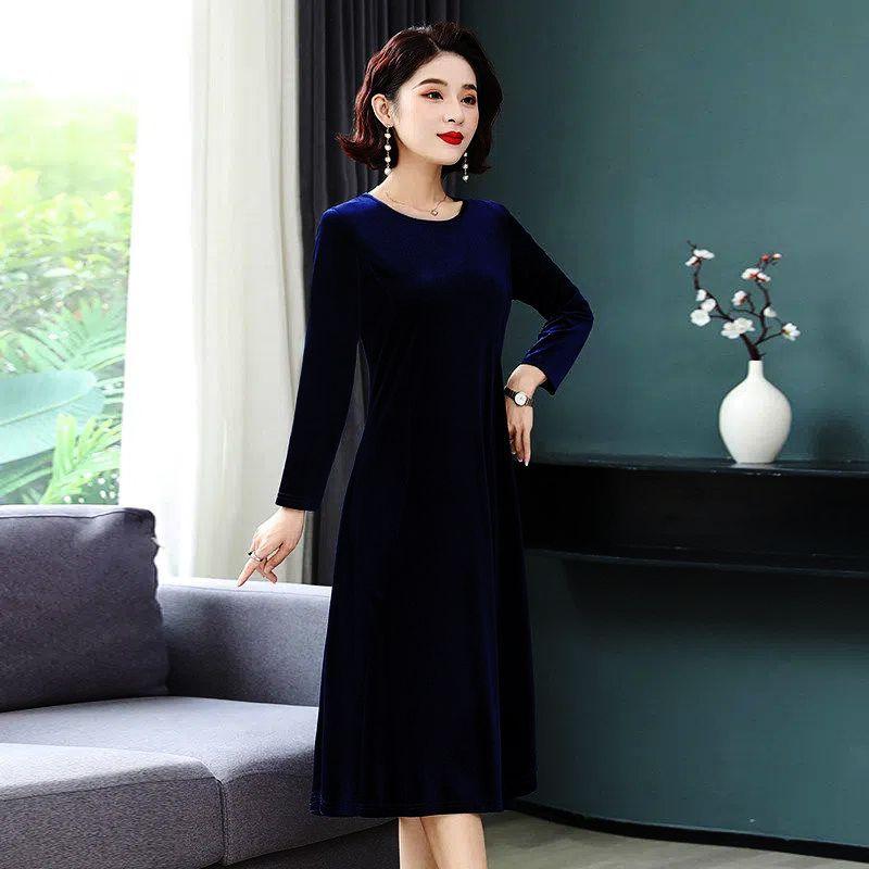 Damen Rundhals Langarm Einfarbig Samt Maxikleid Hohe Taille A-Linie Elegant Winter Formell Abendkleid