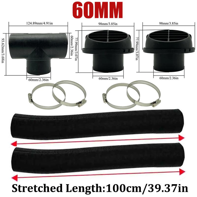 42/60/75/90mm Diesel Heater T 3 Outlets Connector & 2x Air Outlet & 2x Duct Pipe Warm & 4x Clamps Set For Car Truck VAN Camper 60mm T Round