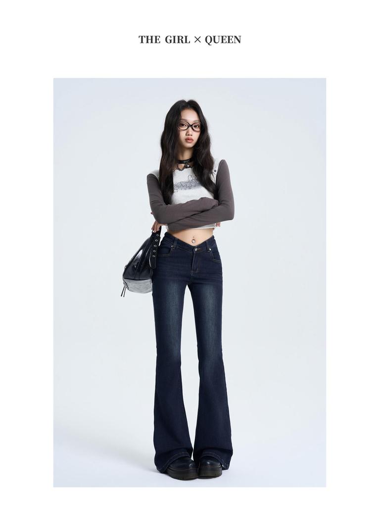 Jeans a zampa retro a vita a V da donna 2025 - Pantaloni a zampa a vita bassa trendy