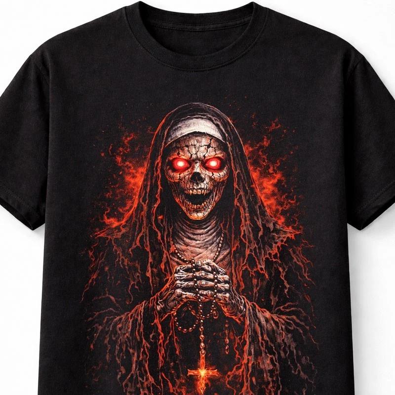 Demonic Nun Skull Horror Halloween Graphic Black Unisex TShirt S