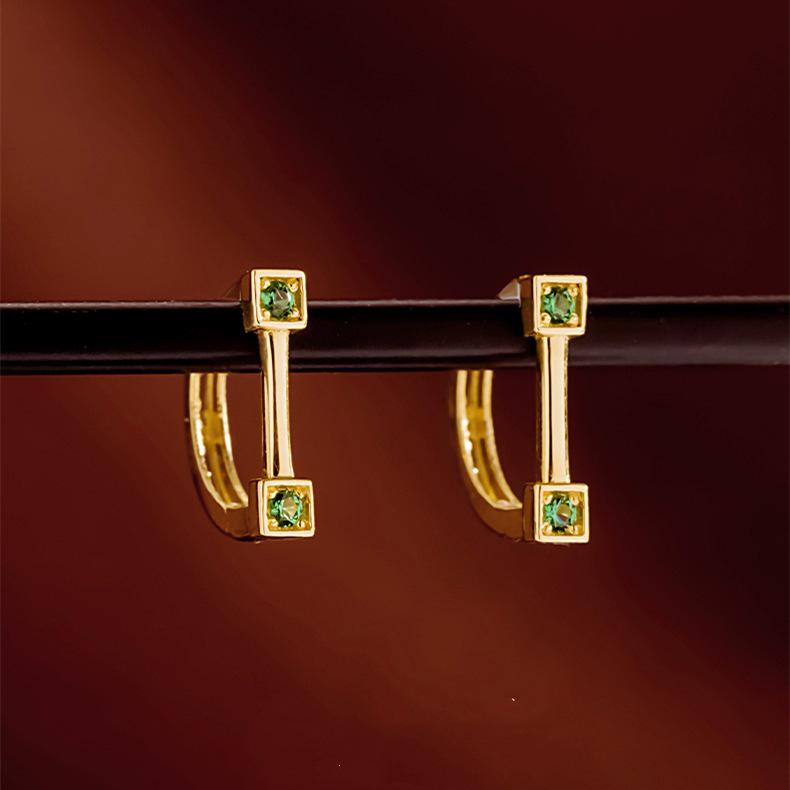 18K Gold-Plated Green Zircon D-Shaped Sterling Silver Earrings – OL Workplace Fashion, Retro Style 18K Gold Pair