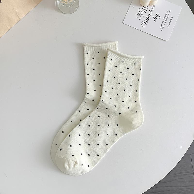 Women's Summer Thin Pure Cotton Poll Dot Crimped Boneless Tube Pile Socks