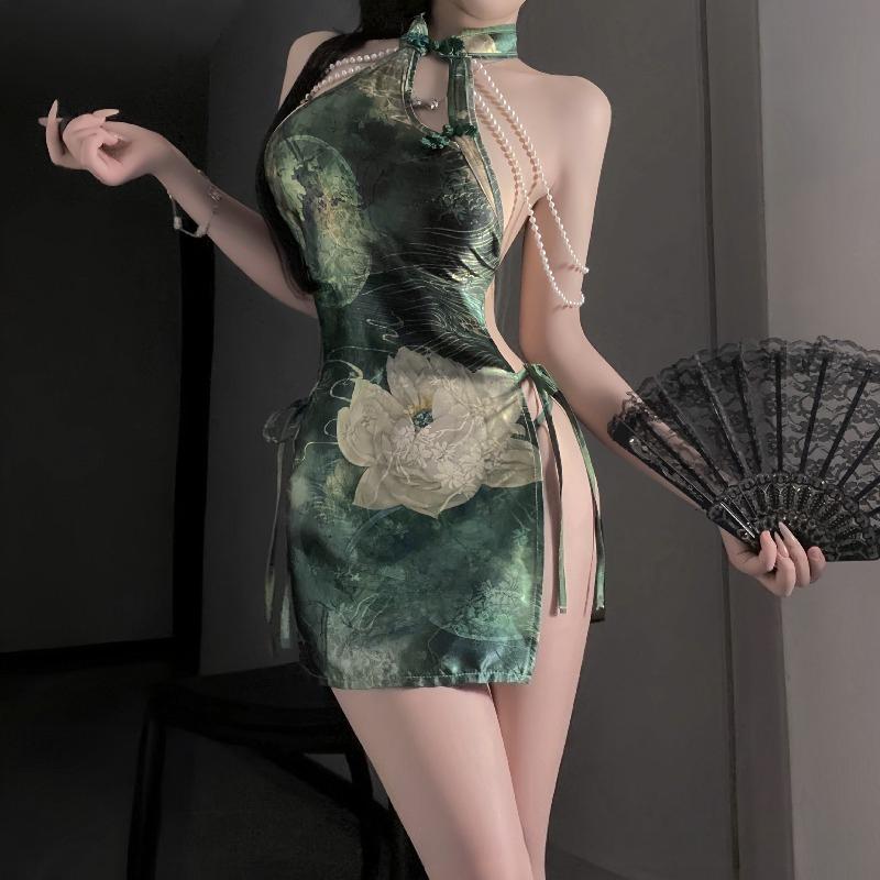 Sexy Chinese Cheongsam Cosplay Uniform Pearl Bodycon Mini Dress Temptation Qipao Dress Halloween Night Clubwear Erotic Lingerie
