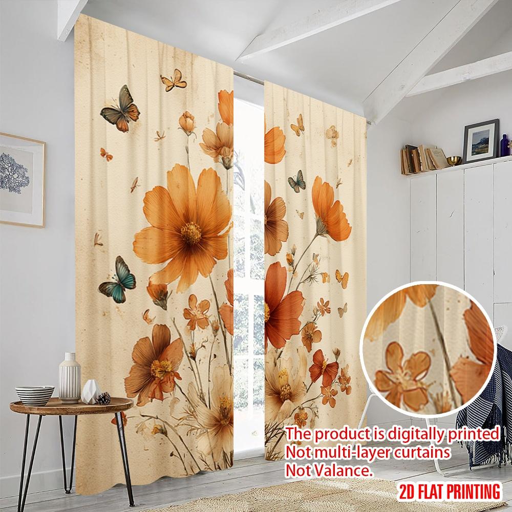 2pcs,2D Plane Printing Curtains Digital Printed Butterfly Blooms Polyester Easy Install (without Rod) Decorations For Home for