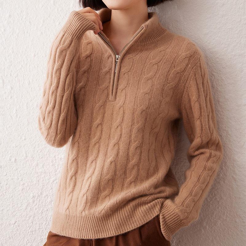 Women's Thickened Cashmere Stand Collar Zipper Sweater - Soft, Warm Cable Knit for Autumn/Winter