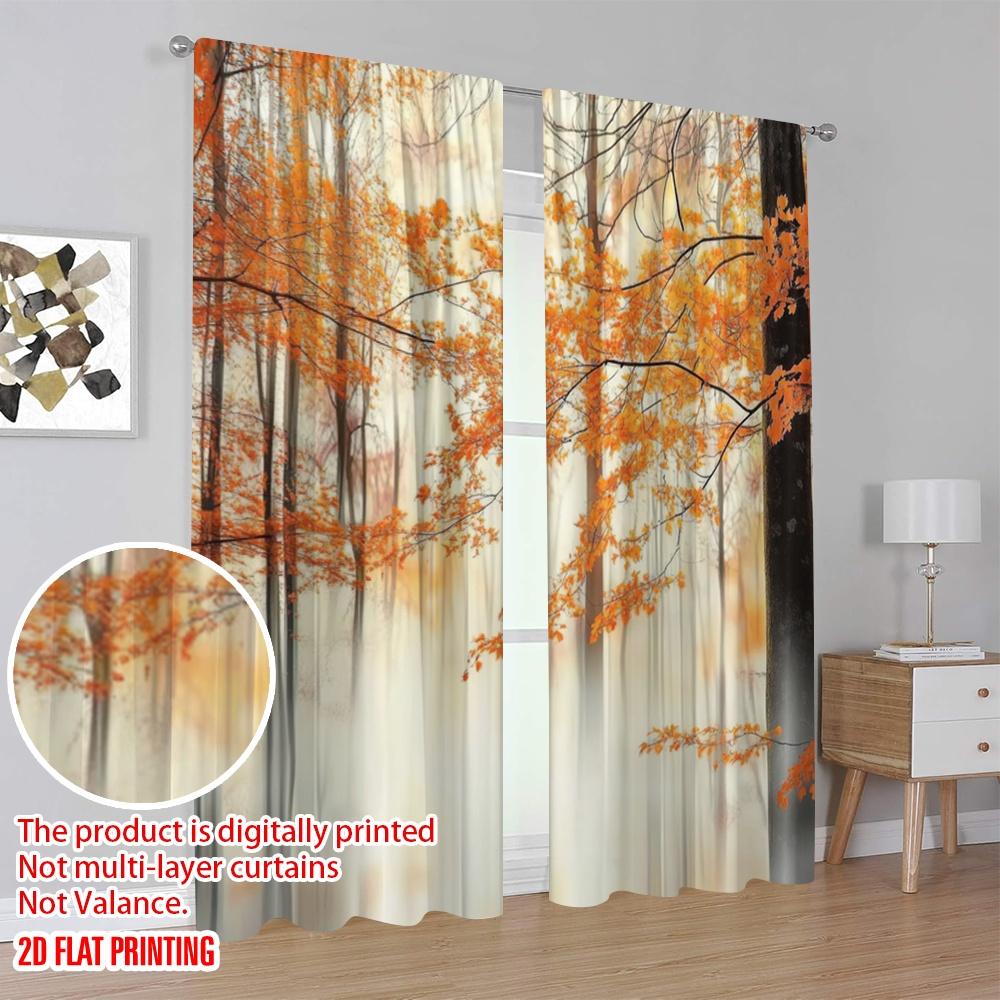 2pcs,2D Plane Printing Curtains Digital Printed Autumn Mist Polyester (without Rod) Room Decor for Living Room and Bedroom, Home