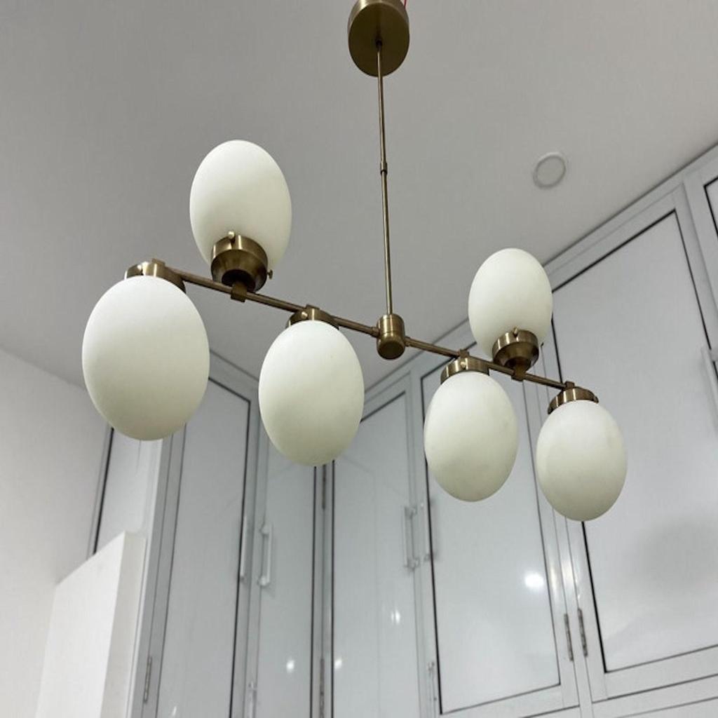 Modern 6 Light Mid Century Home Drawing Room Lobby & Dinning Table Lights Home Décor Frosted Glass Globe Linear Chandeliers
