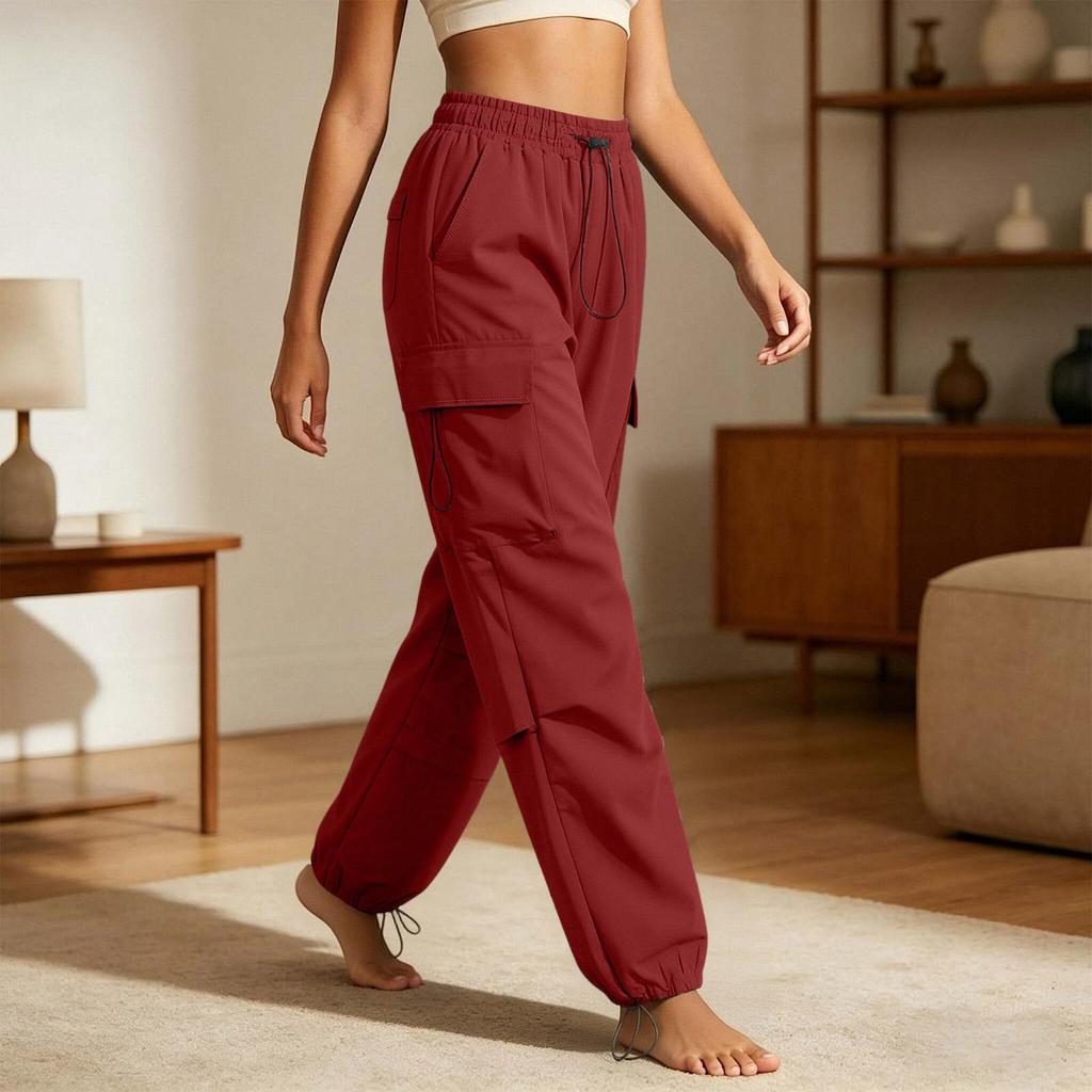 Women Casual Cargo Pants Elastic Waistband Drawstring Adjustable Ankle Pockets Loose Fit Workwear Trousers
