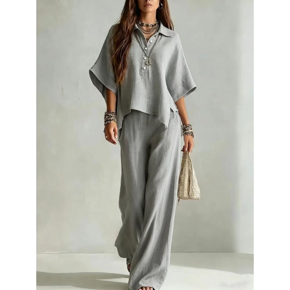 Women's Casual Dolman Sleeve Polo Shirt & Wide Leg Pants 2 Piece Loungewear Set
