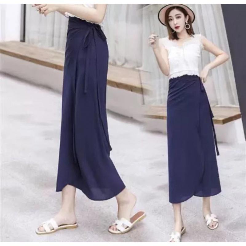 Summer Design One Piece Skitts Women High Waist Elegant Lace Up Chiffon Skirt Solid Color Thin Mid Length A-line Fallas