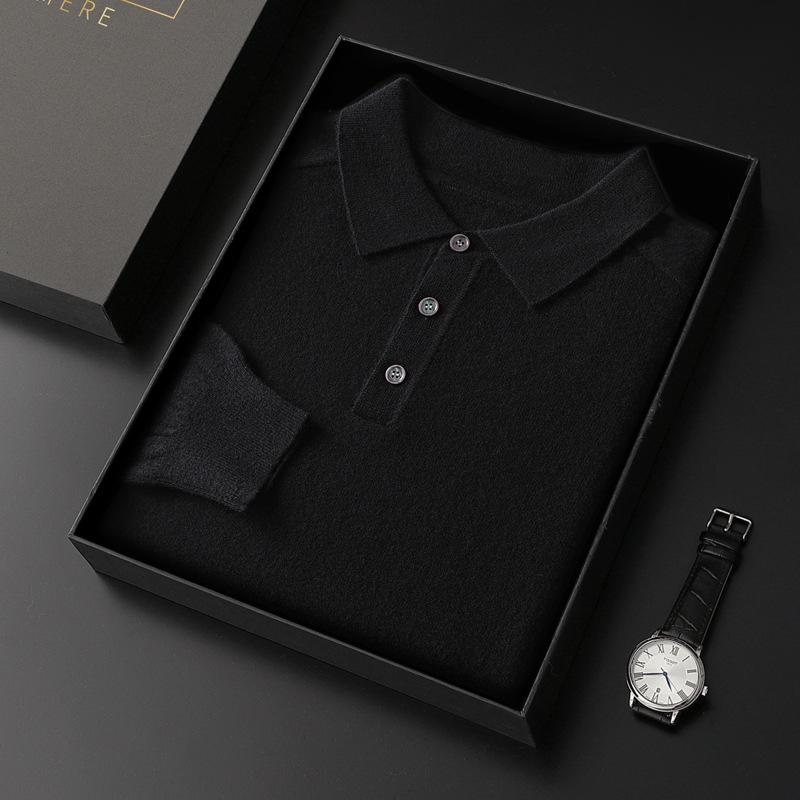 Autumn/Winter Pure Cashmere Sweater For Men, Polo Collar, Thickened Warm, Long Sleeve Pullover, Lapel Wool Knit Base Layer