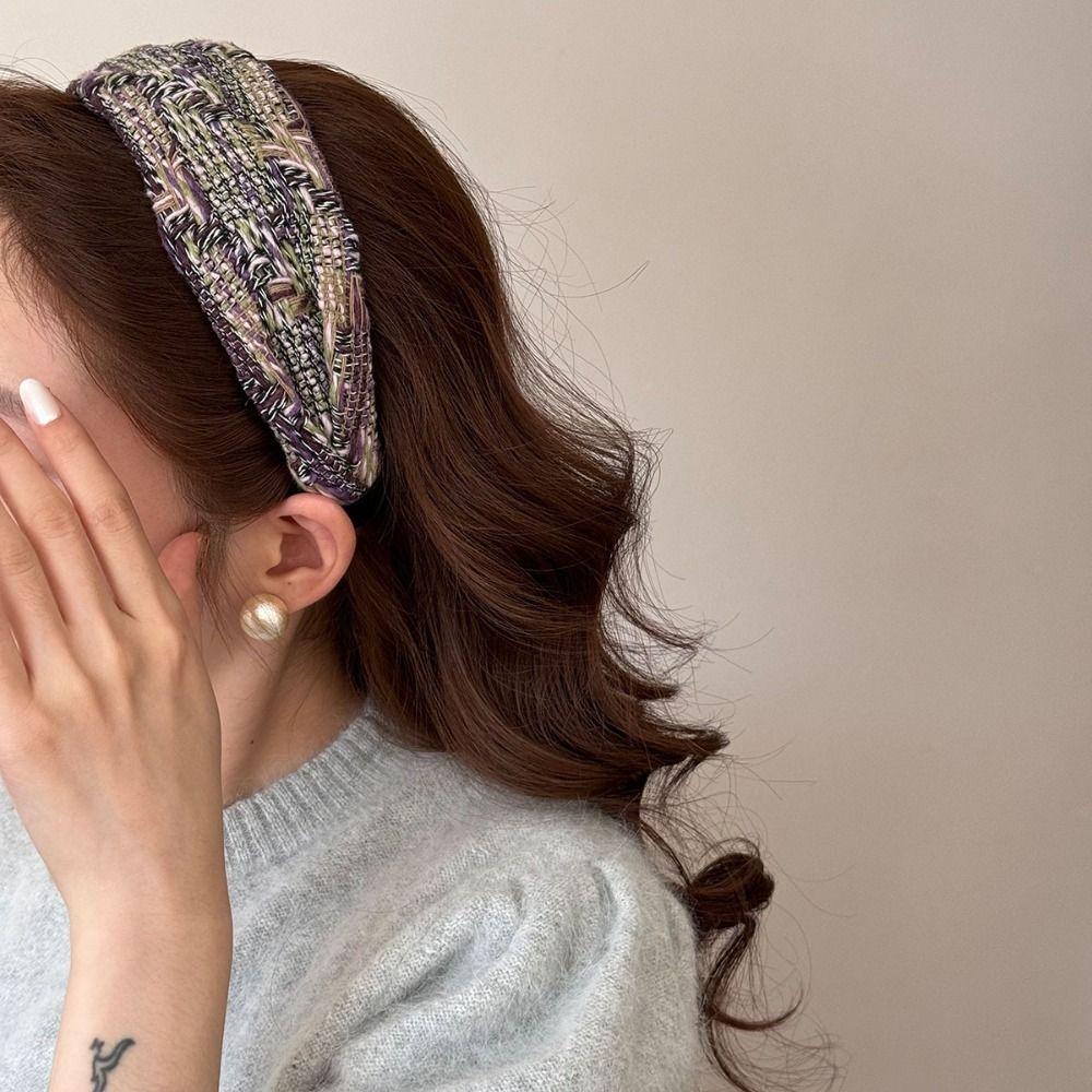 Tweed Knitted Wide Brim Hairband Anti-Slip Turban Headband Luxury Braided Headband Autumn Winter