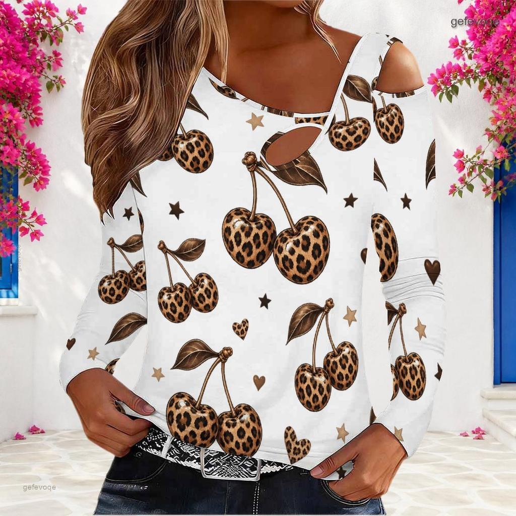 Women Plus Size Asymmetric Cutout Neck Cold Shoulder Long Sleeve Leopard Cherry Printed White Fitted Top