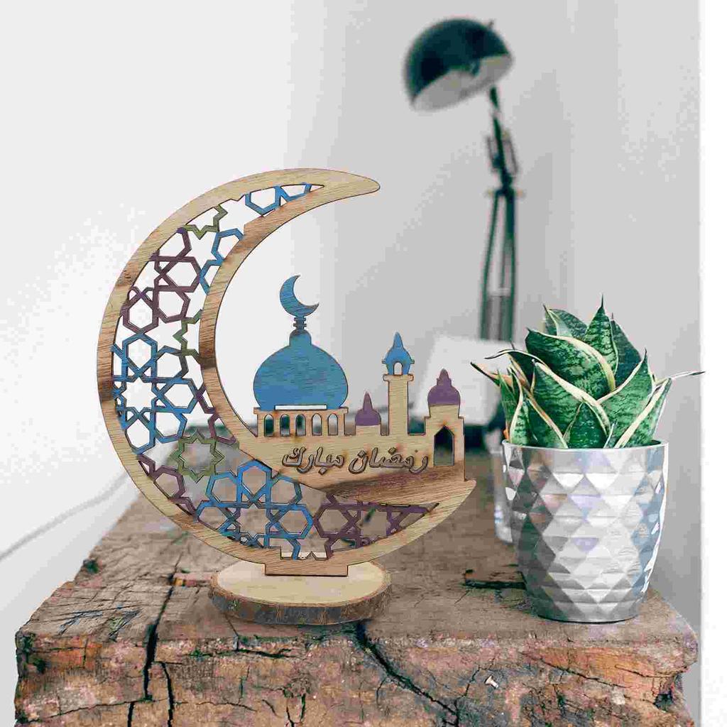 Eid Wooden Moon Muslim Themed Adorn Chic Crafts Home Decor Household Mubarak Festival Ornaments Party Light