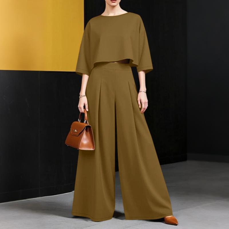 

ZANZEA Женская блузка с рукавом 3/4 и брюки с широкими штанинами Повседневные костюмы-двойки 5XL хаки