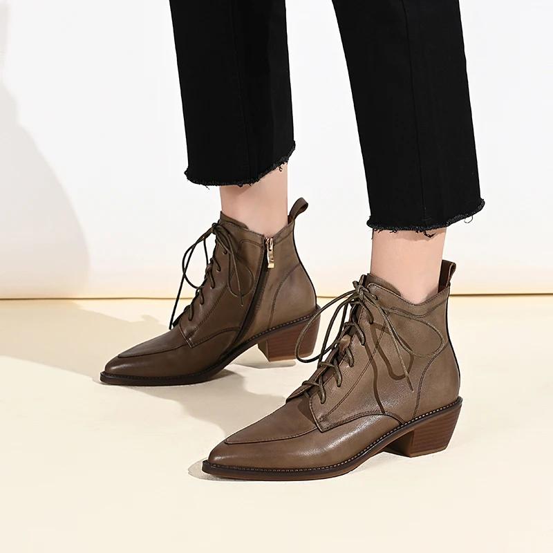 Retro Pointed Toe Ankle Boots for Women's Chunky Heels Lace-up High Quality Leather Shoes Autumn Spring French Short Boot