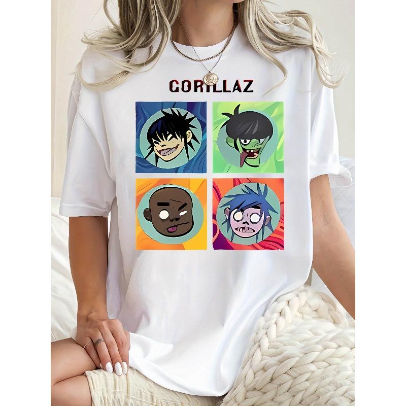 

Женская футболка с графическим принтом группы Gorillaz, повседневная, с круглым вырезом, с коротким рукавом, для любого сезона S белый