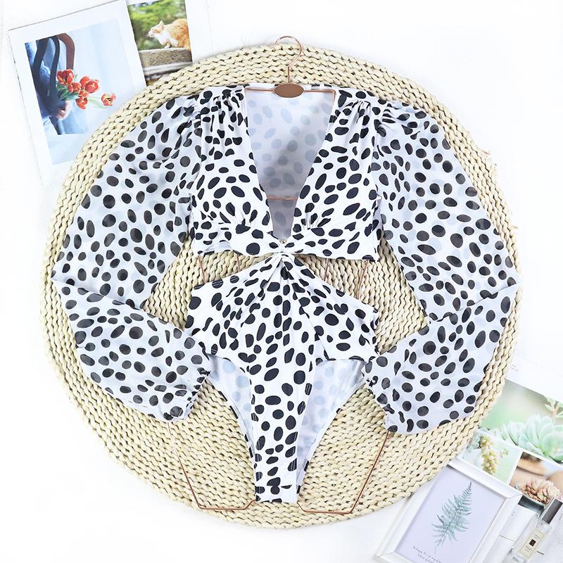 Traje de baño de una pieza para mujer, estilo retro, de cintura alta, con lunares y manga larga.