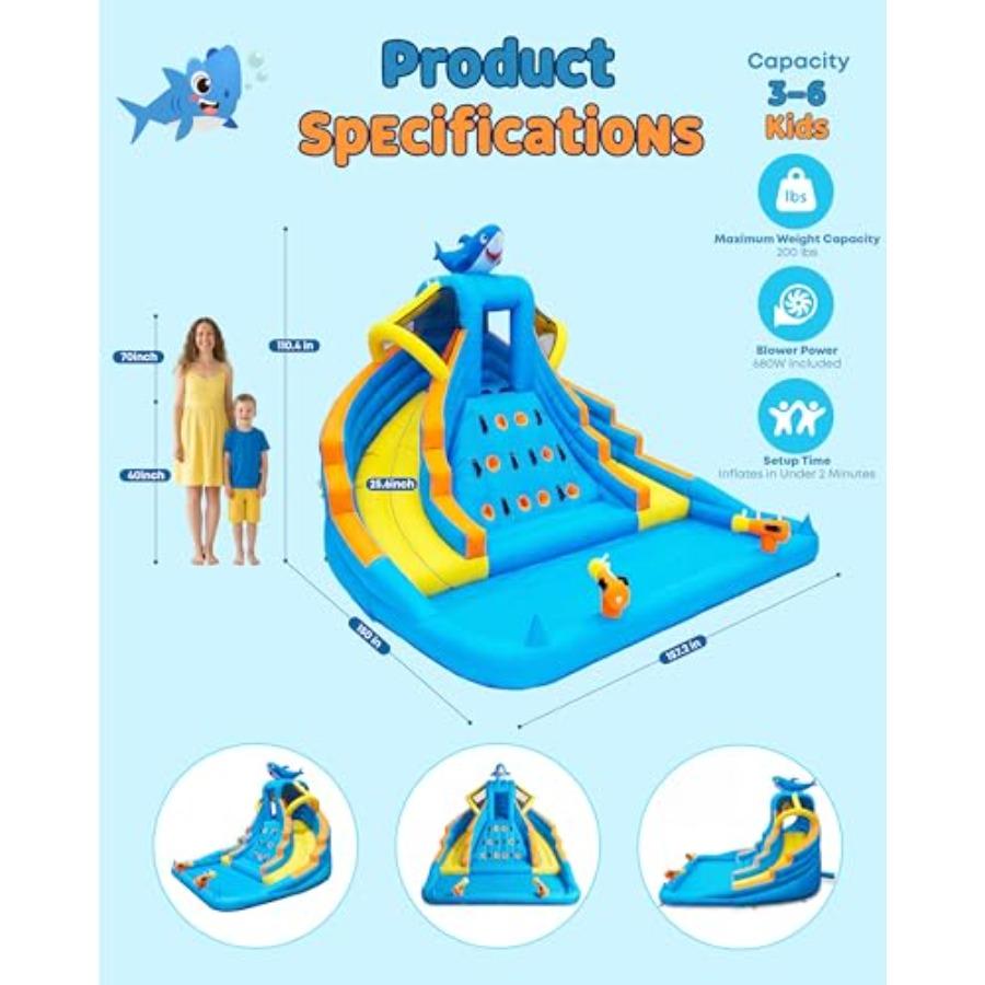 Backyard kids inflatable water slide bounce house: PVC, blue/red, 13ft double lane with splash pool, climbing wall, water canno