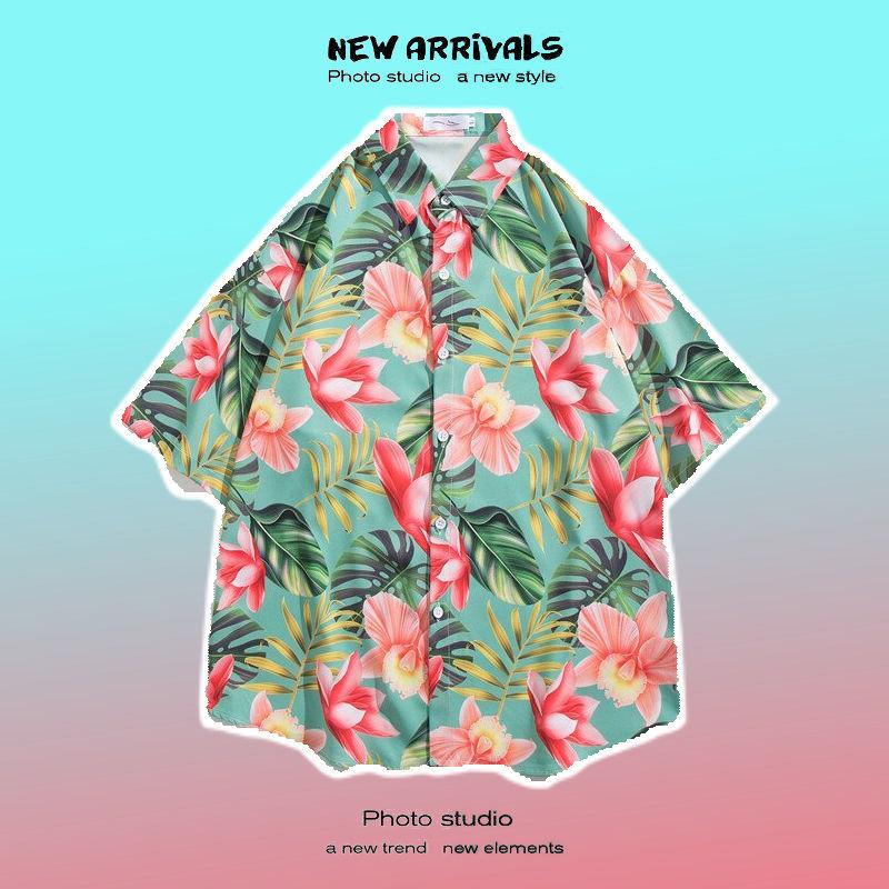 

Модные летние гавайские пляжные рубашки с цветочным принтом, мужские повседневные рубашки с короткими рукавами XL зелёный/розовый