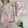 Goodnight Sleepy Cat: Women's Autumn/Winter Ice Silk Pajamas - Cartoon Kitten Print, Long Sleeve & Pants Set
