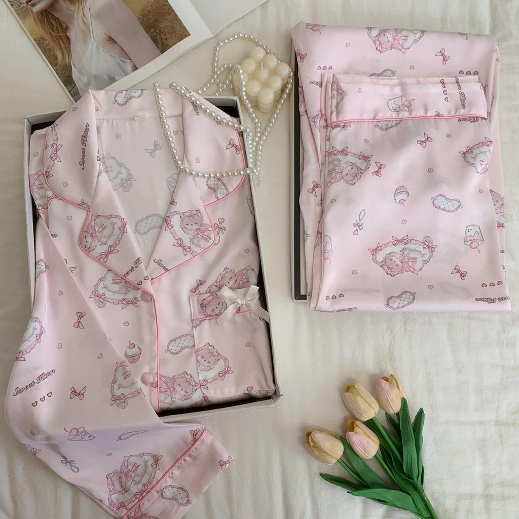 Goodnight Sleepy Cat: Women's Autumn/Winter Ice Silk Pajamas - Cartoon Kitten Print, Long Sleeve & Pants Set