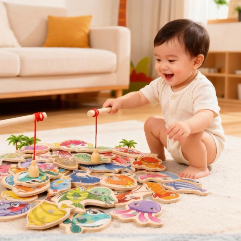 1 Set Montessori Marine Cognition Hand Eye Coordination Wooden Magnetic Fishing Toy Kids Early Educational Toys Birthday Gifts