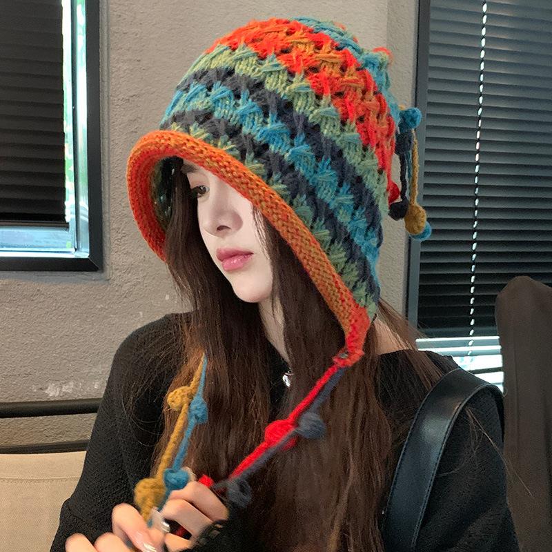 Fashion designer handmade crochet colored ball wool hat women's autumn and winter ear protection pullover knitted hat