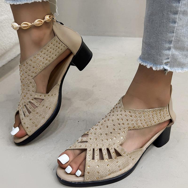 Crystal Decoration Peep Toe Sandal Women Fashion Hollow Out Black Sandals Ladies Summer 2025 Comfort Cover Heel Sandalias Mujer