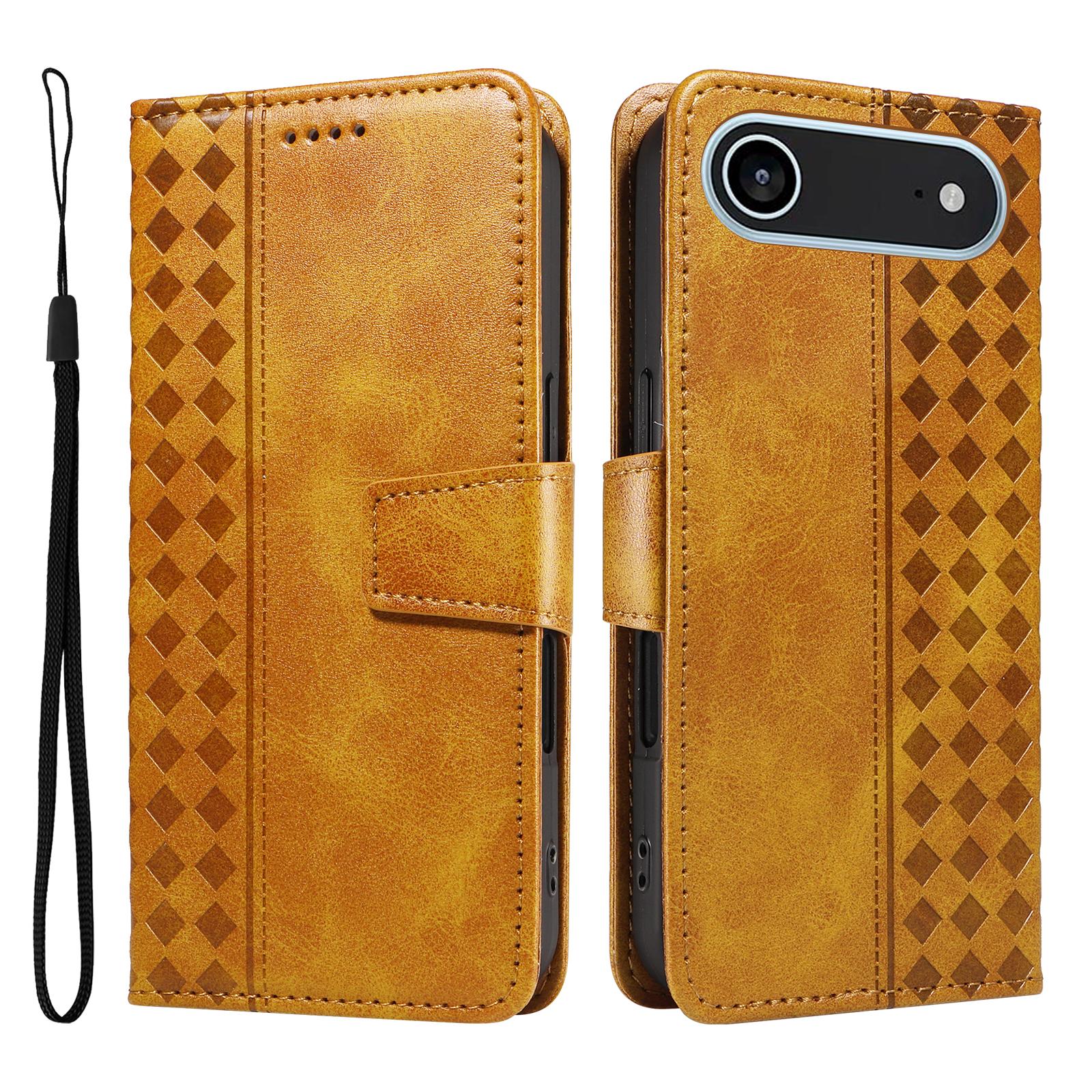 

For iPhone 17 Air Leather Case Wallet Stand Grids Imprinted Phone Cover with Strap Yellow
