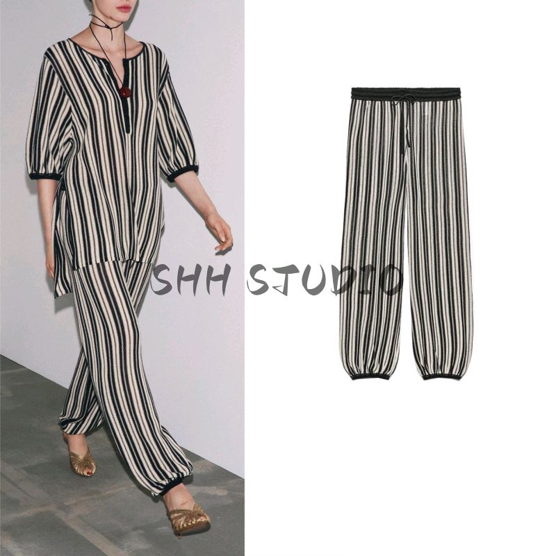 Autumn New Women clothes French style Design High Waist Stripe Linen Blend Trousers Casual Pants 5536007