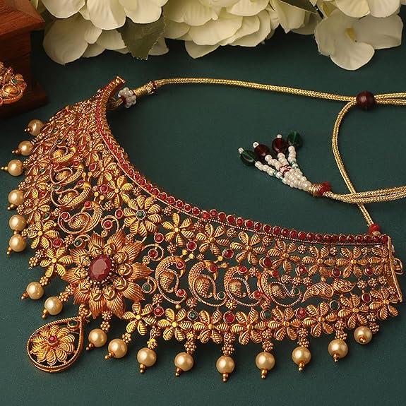 Fashion Latest Stylish Design Fancy Pearl Choker Traditional Temple Necklace Jewellery Set for Women