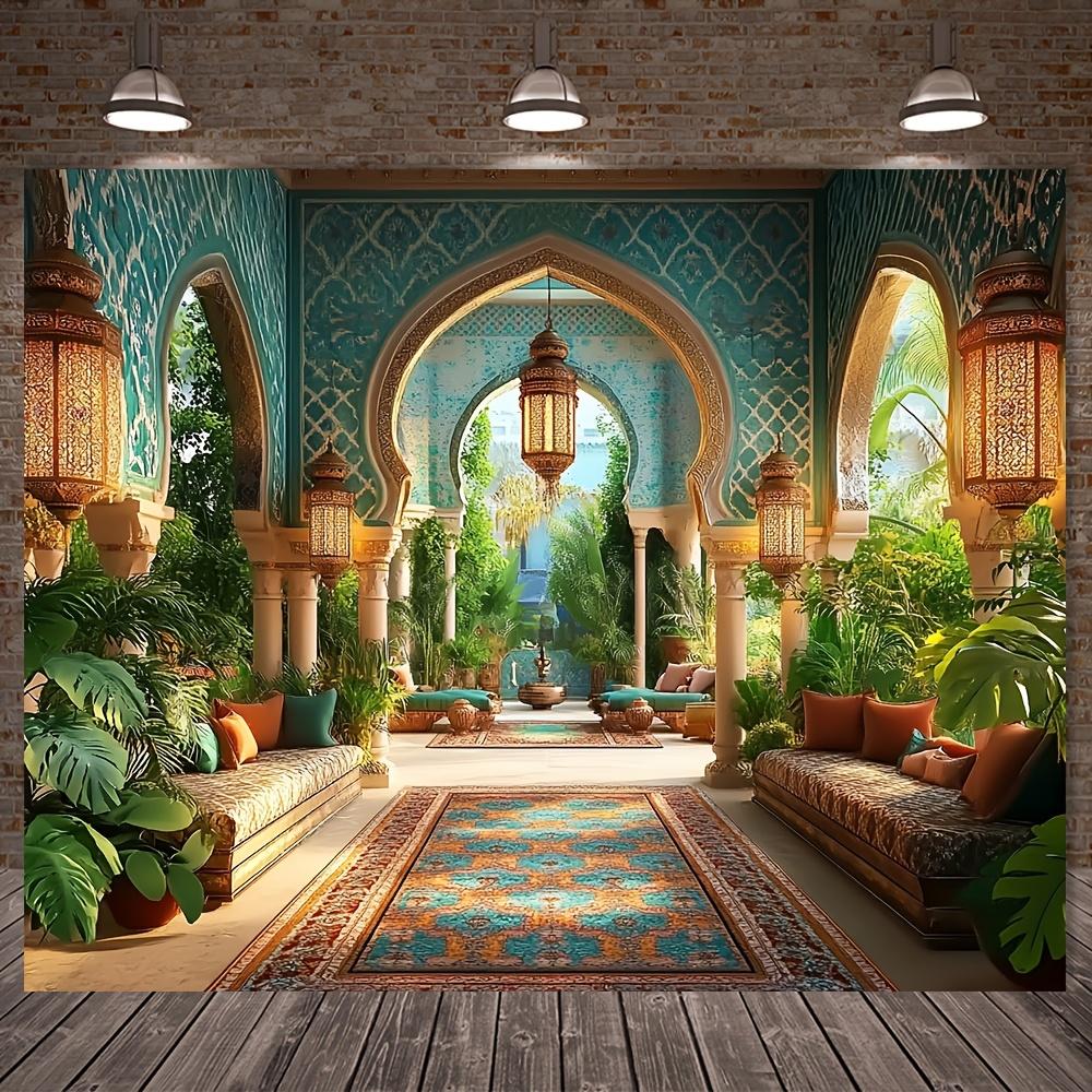 A delicate Moroccan-style nighttime celebration banner - depicting an Arab courtyard scene, lush green plants and decorations